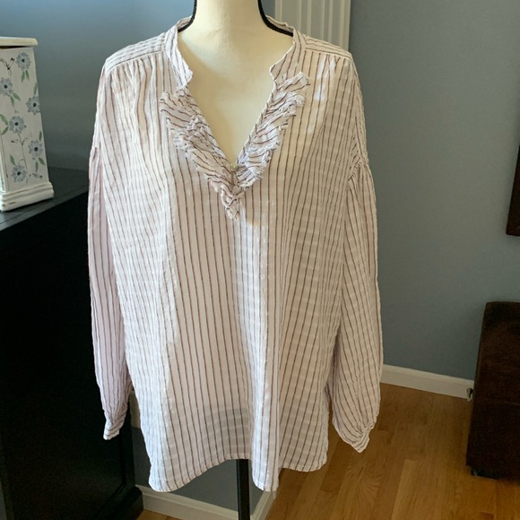 ✨PILCRO BY ANTHROPOLOGIE BRIANNA RUFFLE BOHO STRIPE PEASANT SLEEVE BLOUSE✨ - Picture 2 of 8